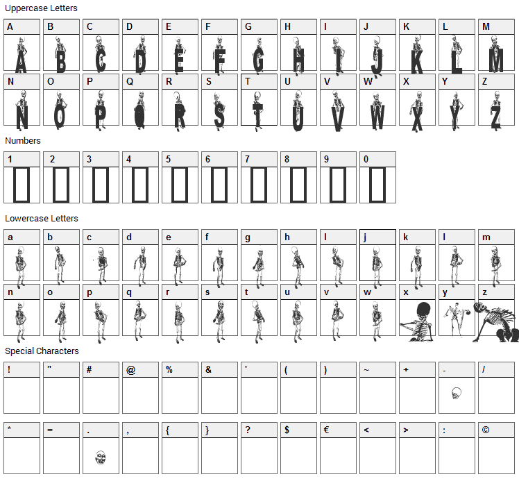 Dancing Dead Font Character Map