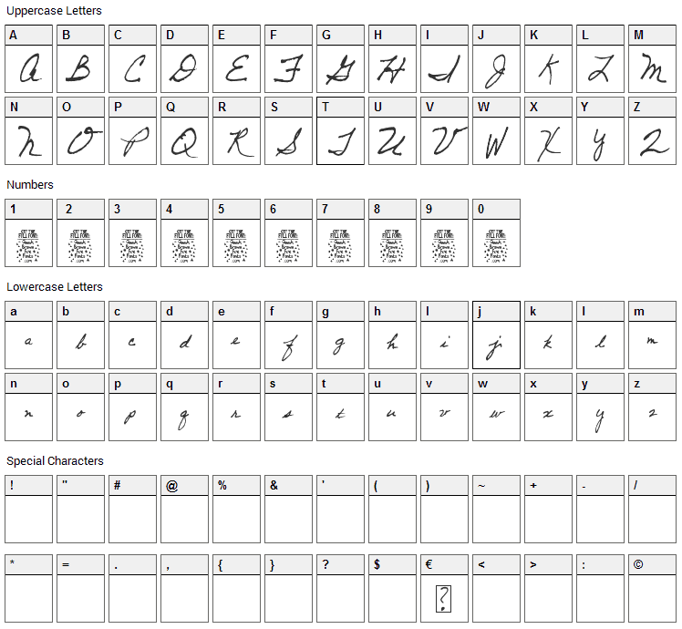 Dancing Pam Font Character Map