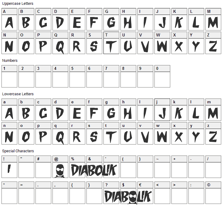 Danger Diabolik Font Character Map