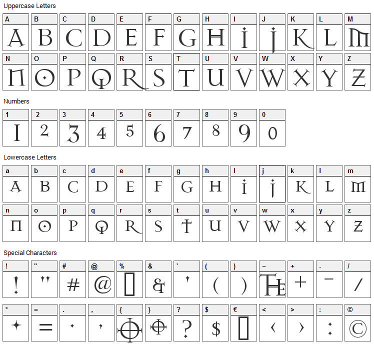 Dark 11 Font Character Map