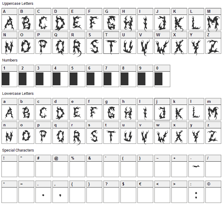 Dark Garden Font Character Map