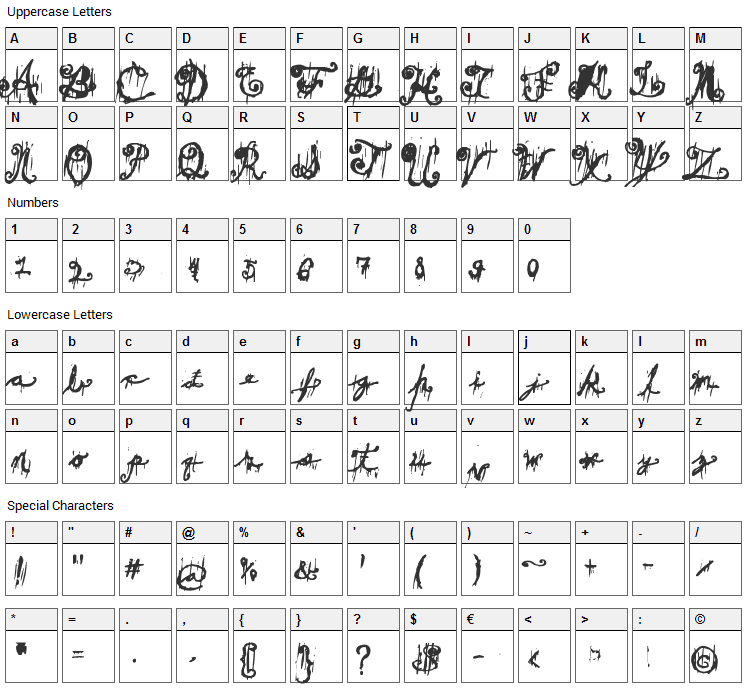 Dark Theater Font Character Map