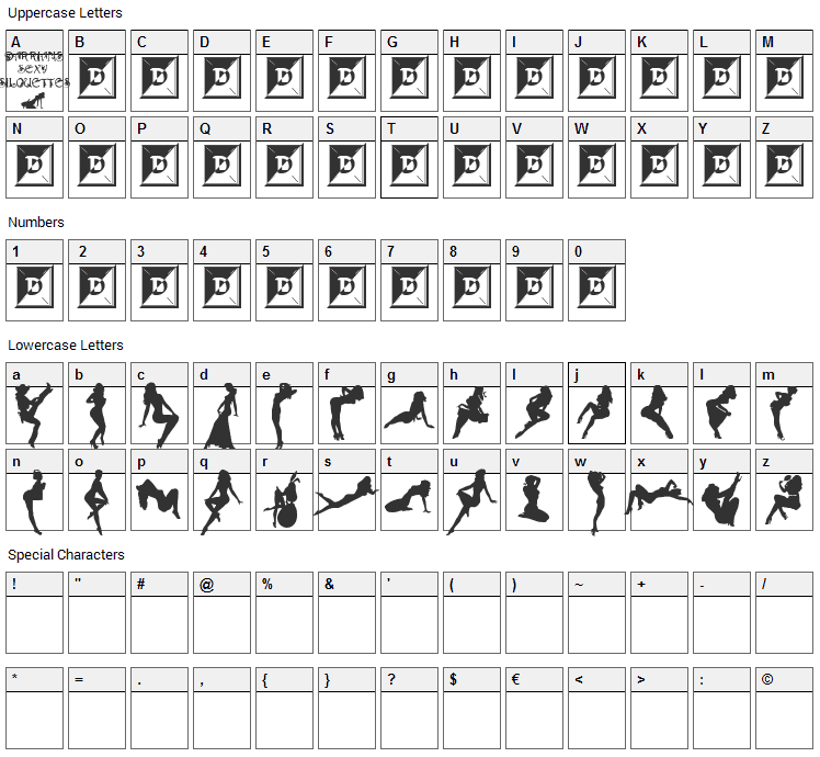 Darrians Sexy Silhouettes Font Character Map