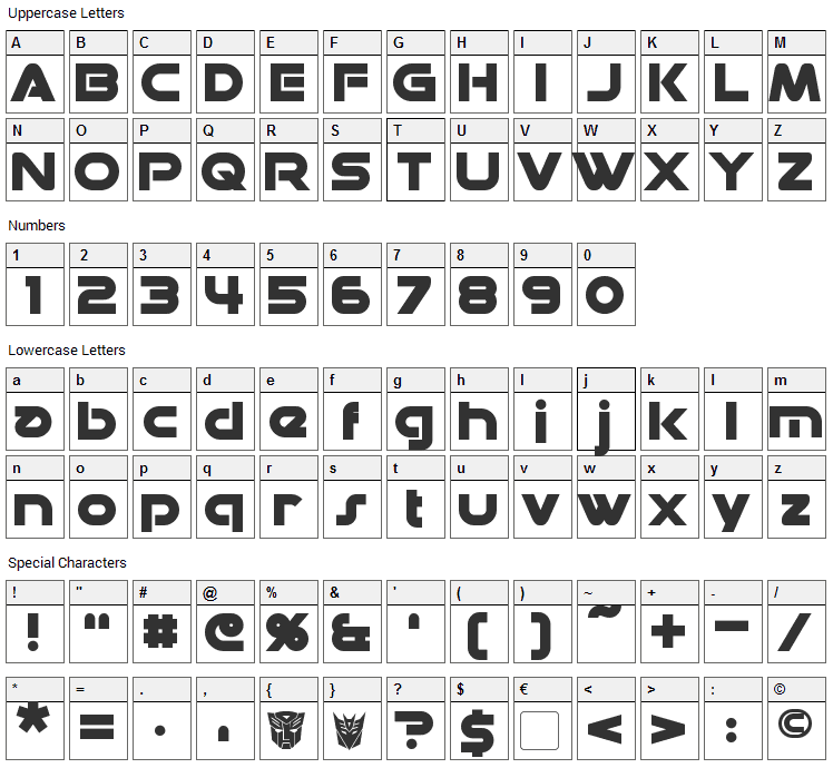 Datacron Font Character Map