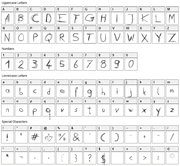 Daubed Font Character Map