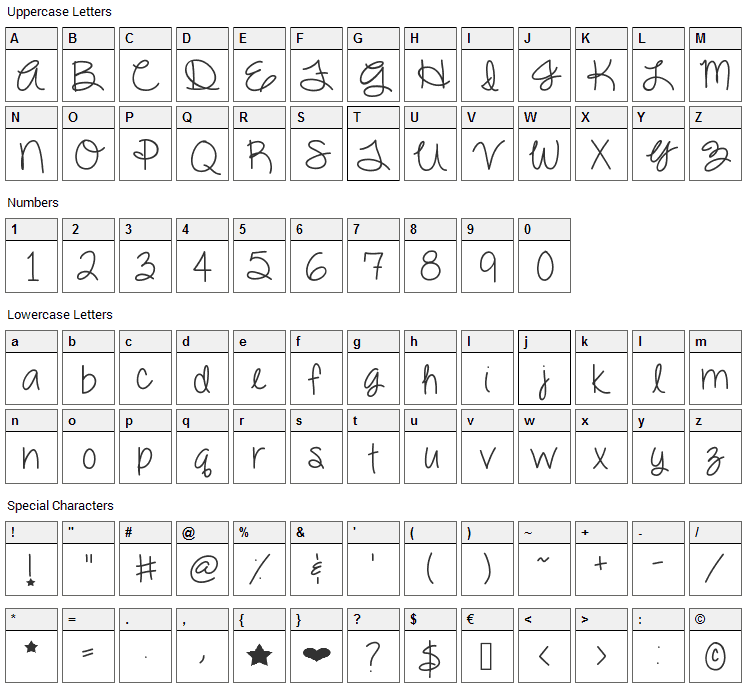 Dazzling Divas Font Character Map