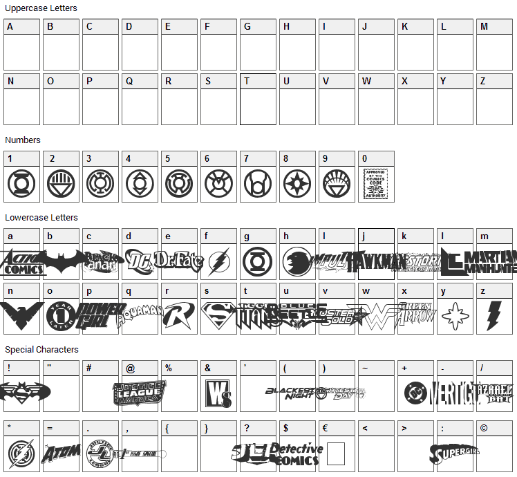 DC Comics Font Character Map