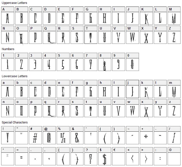 Deadly Black Chain Font Character Map