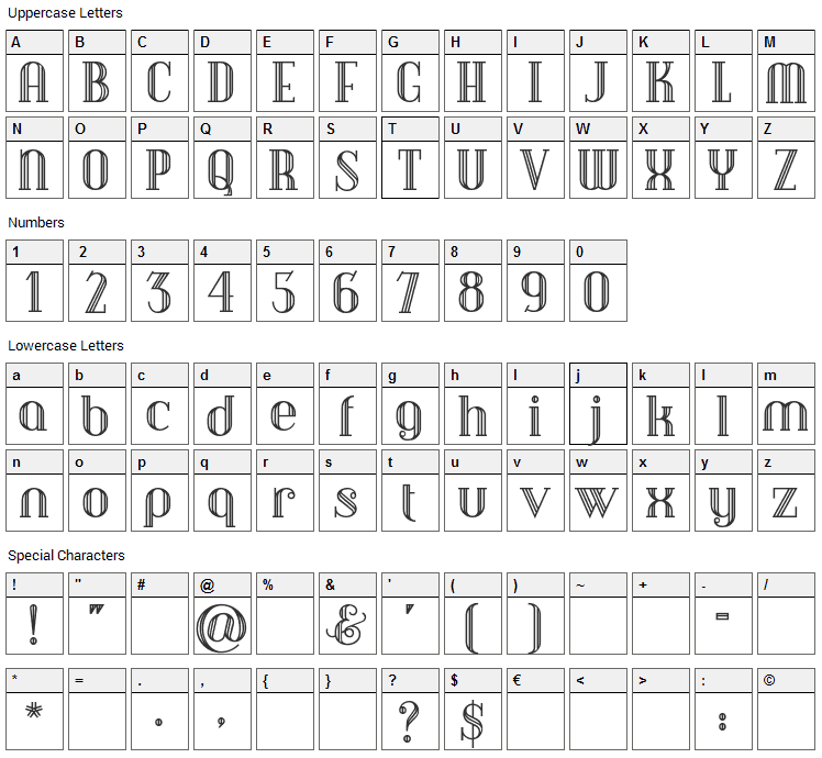 Debonair Inline Font Character Map