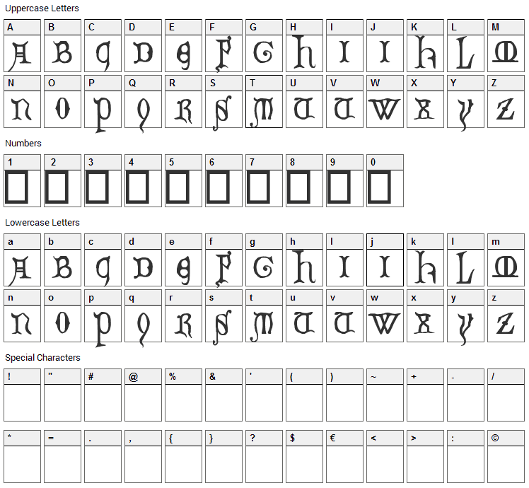 Decorated Majuscules Font Character Map