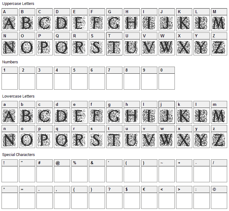 Decorated Roman Initials Font Character Map