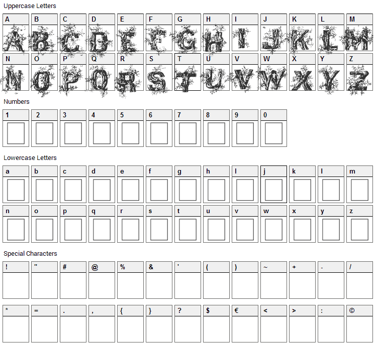 Deep Woods Initials Font Character Map