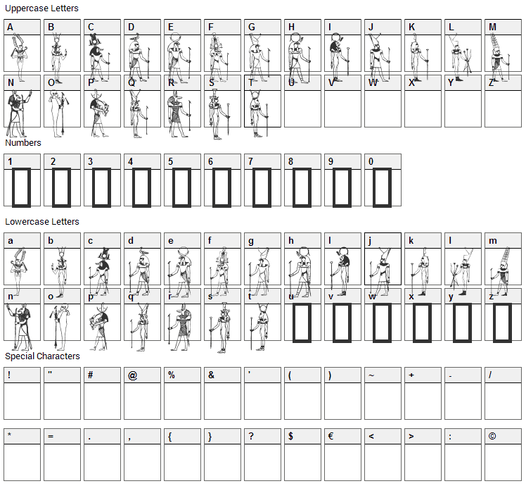 Deities Font Character Map