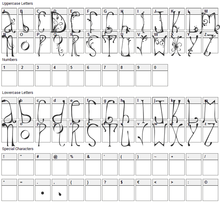 Delfinah Font Character Map
