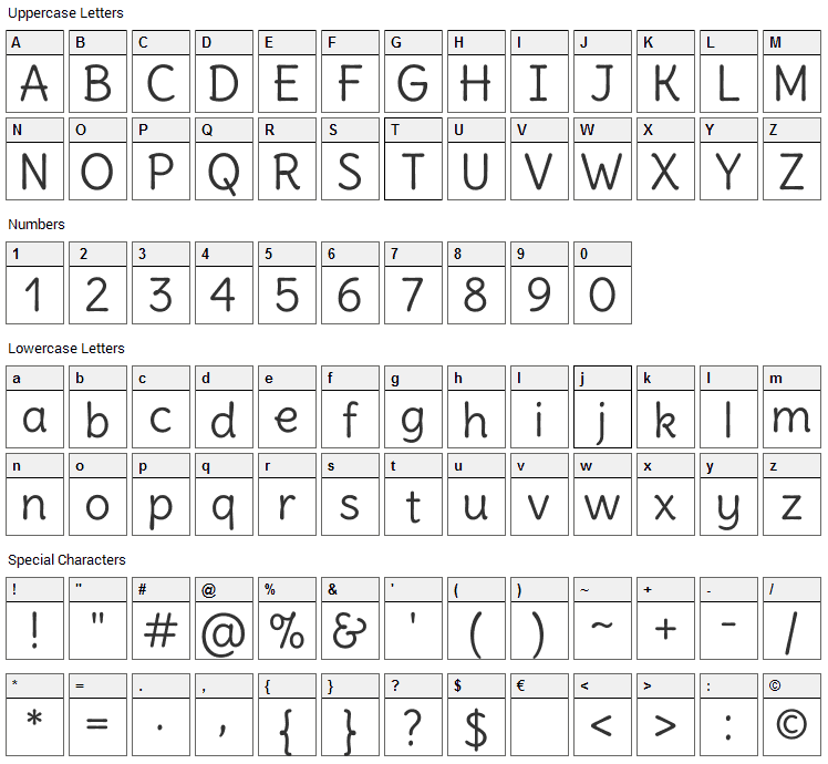 Delius Font Character Map