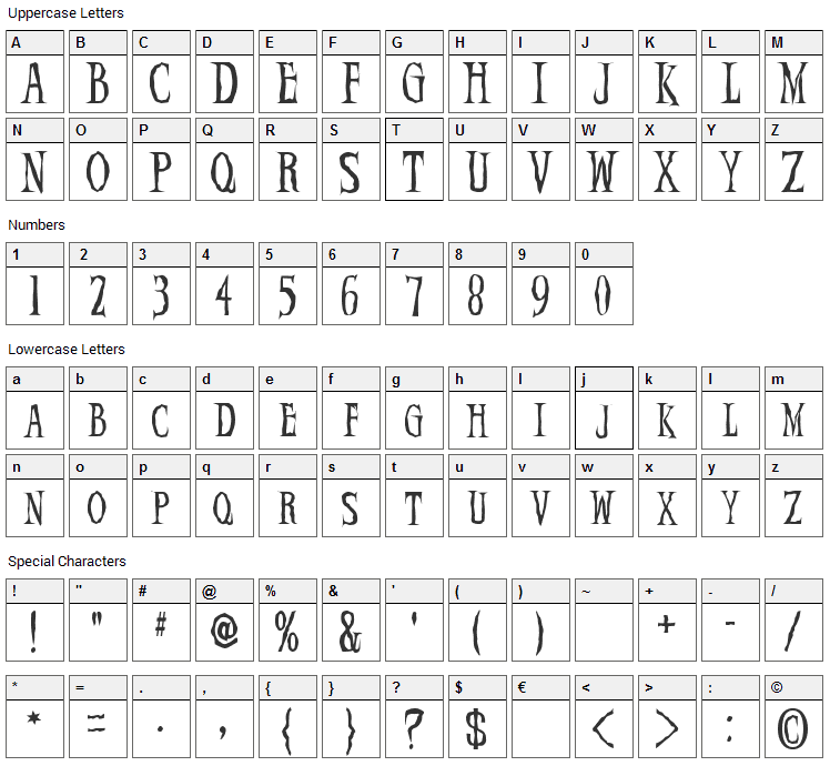 Demon Night Font Character Map