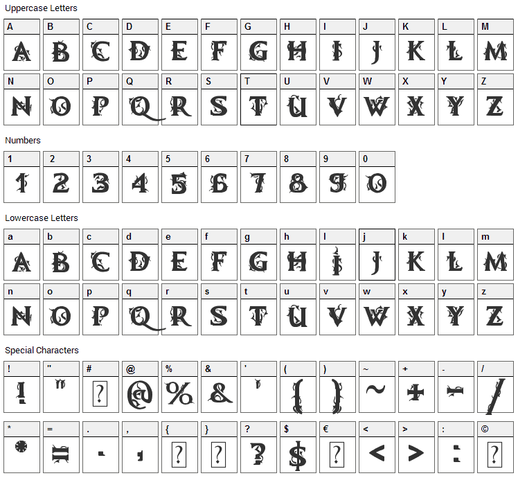 Demonic Tale Font Character Map