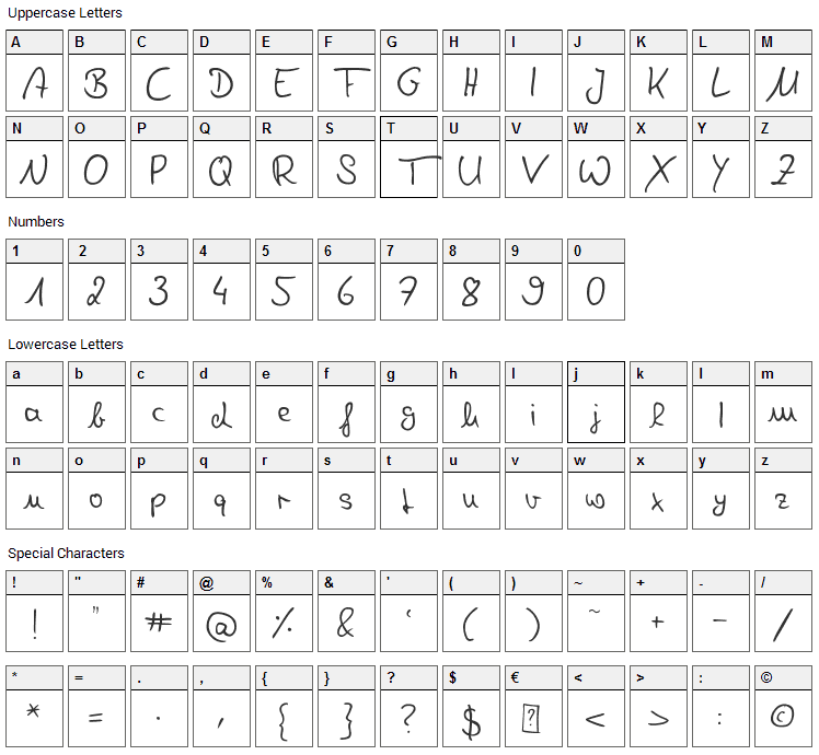 Denise Handwriting Font Character Map