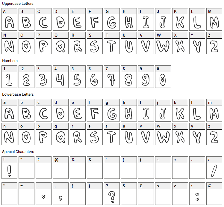 Denne Puffy Hearts Font Character Map