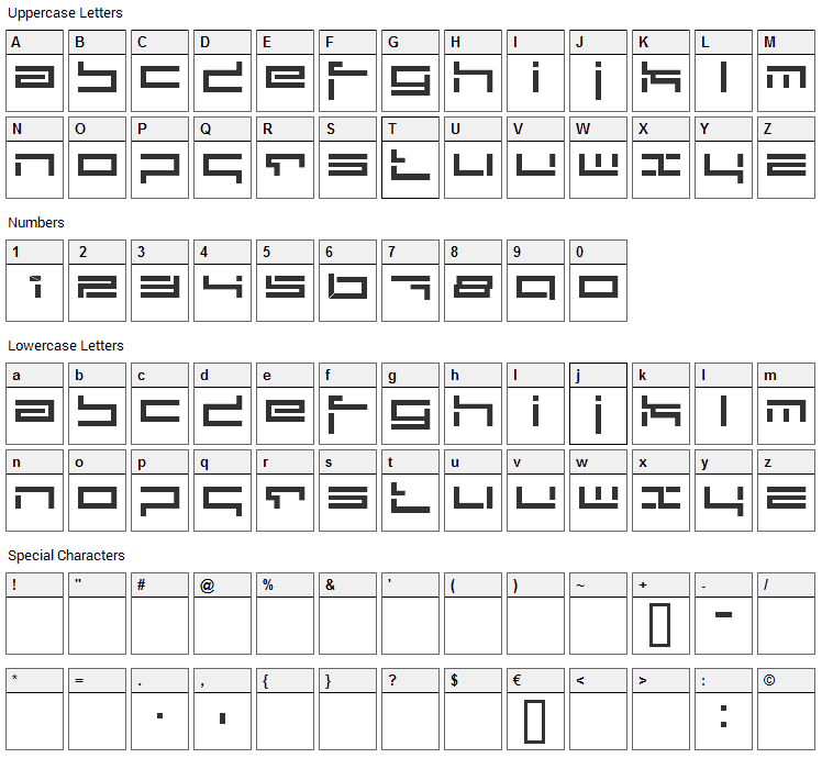 Depthcore Public Font Character Map