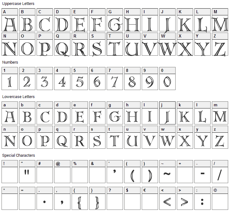 DeRoos Caps Font Character Map