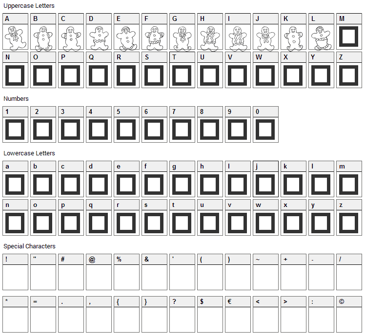 Destiny's Gingerbread Dings Font Character Map