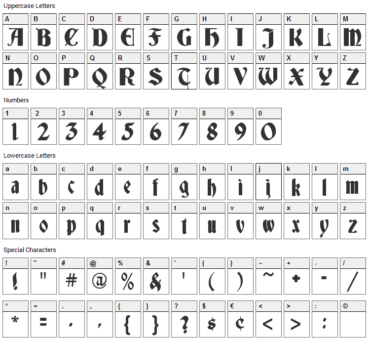 Deutsch Gothic Font Character Map
