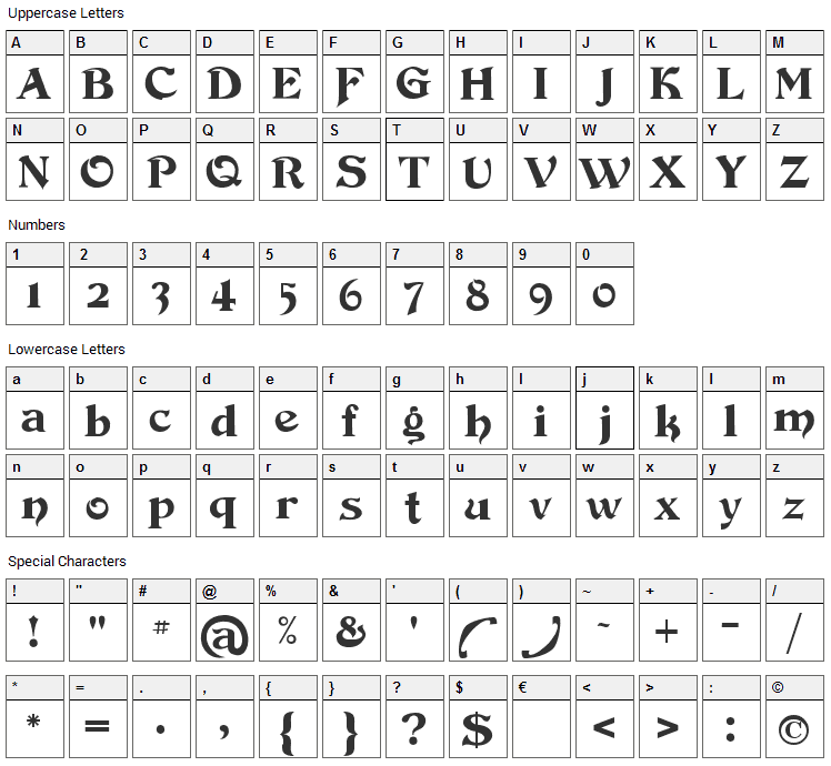 Devinne Swash Font Character Map