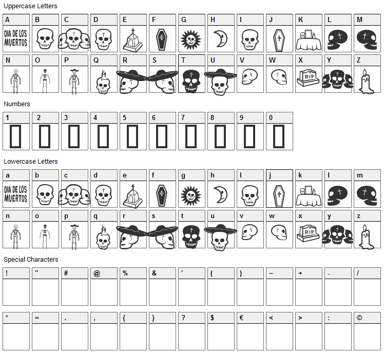 Dia de los muertos Font Character Map