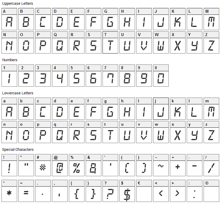 Digital 7 Font Character Map