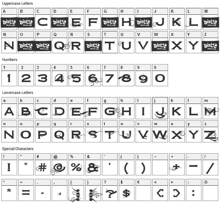 Dirt2 Copperbolt Font Character Map