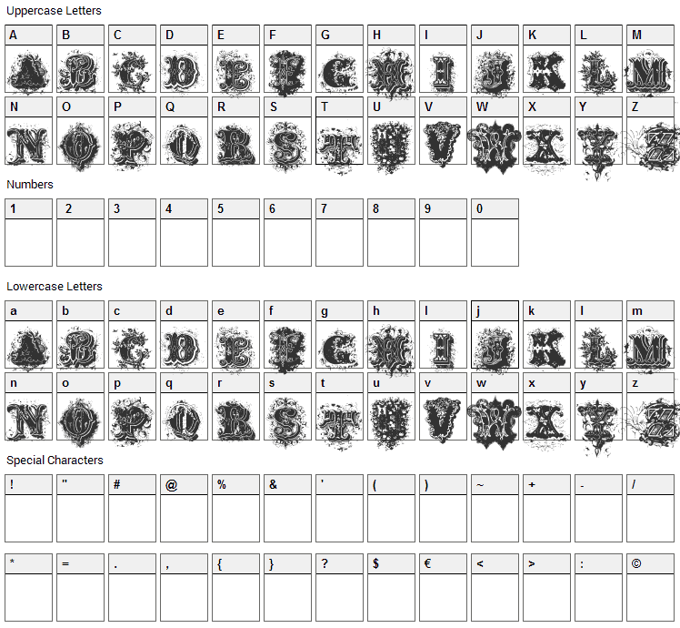 Dirty Ames Font Character Map