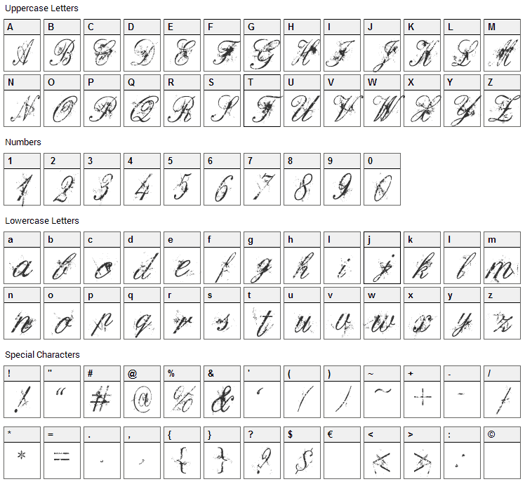 Dirty English Font Character Map