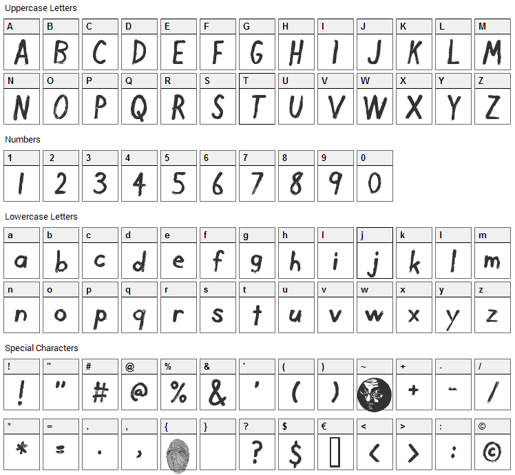 Dirty Finger Font Character Map