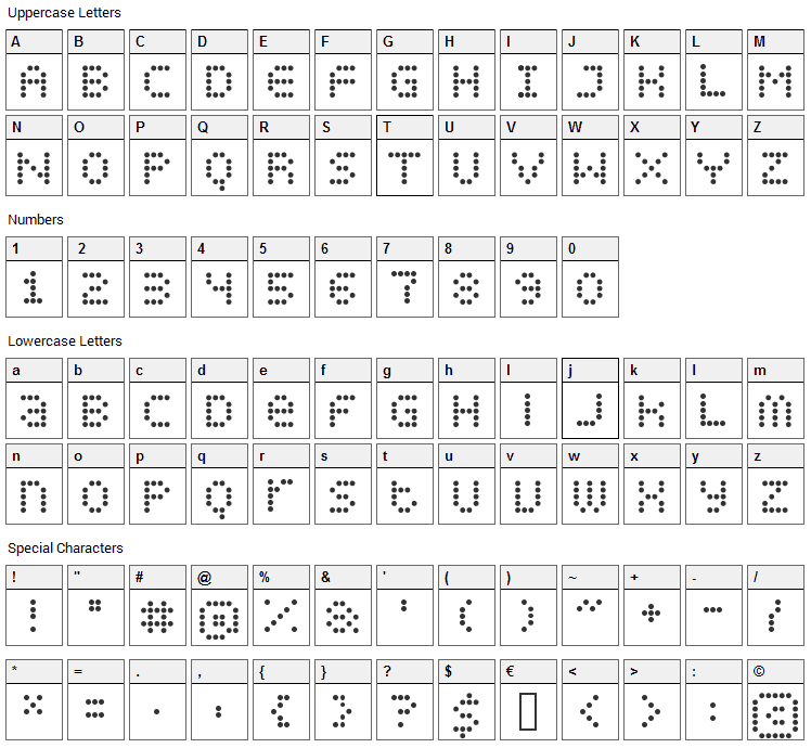 Display Dots Font Character Map