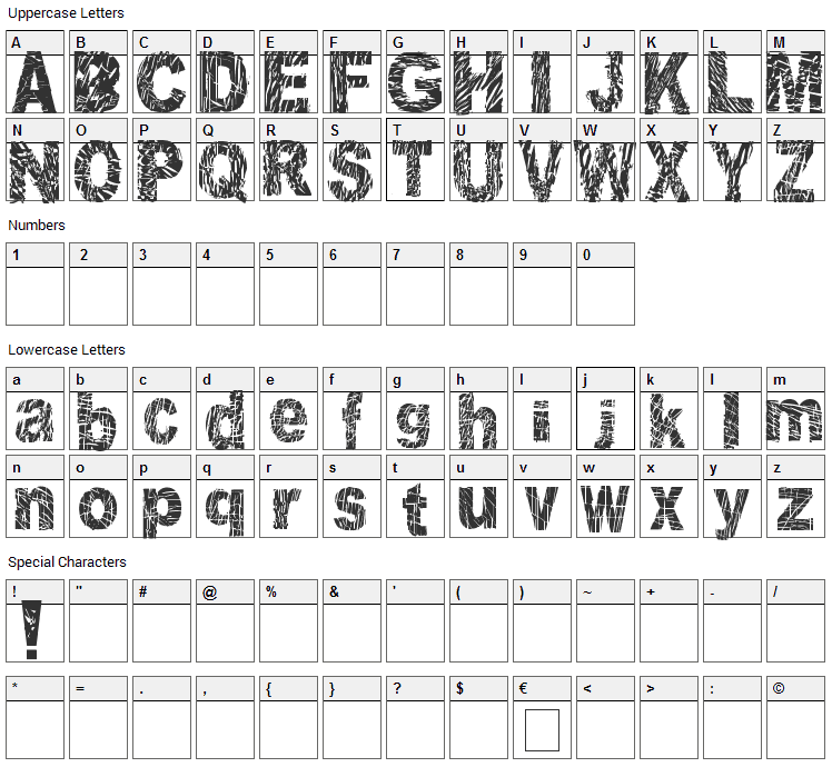 Distorted and Scratchy Font Character Map