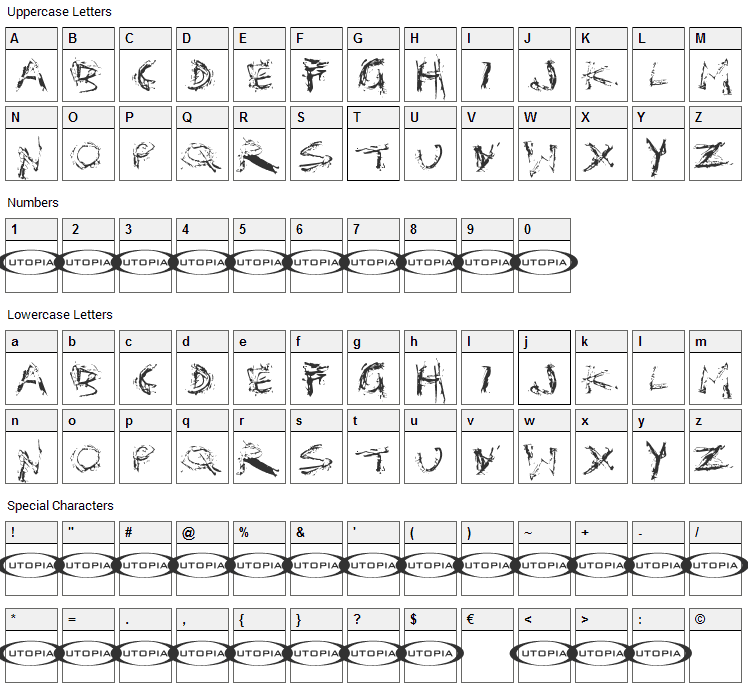 Distortia Font Character Map