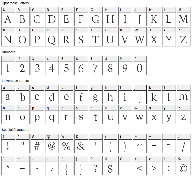 Divona Font Character Map