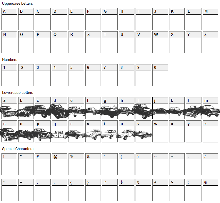 DJ Autocar Font Character Map