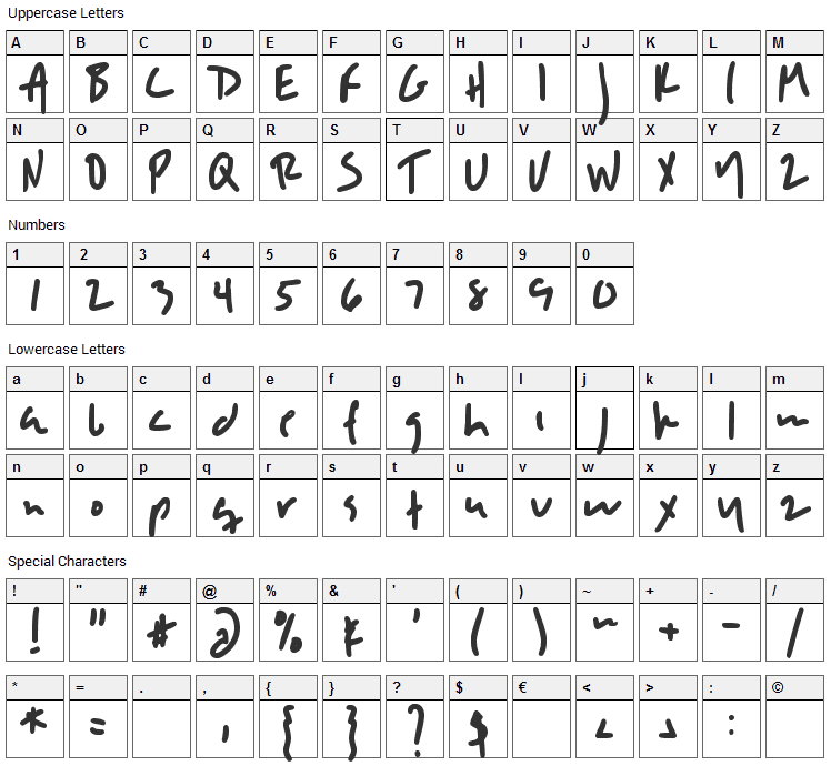 DJB Sloppyjo Font Character Map