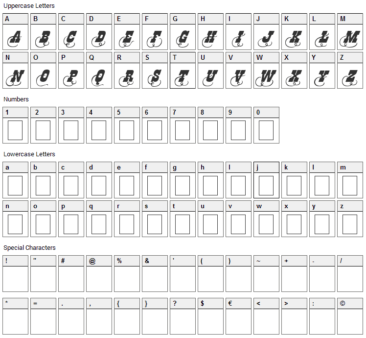 Dodge City Initials Font Character Map