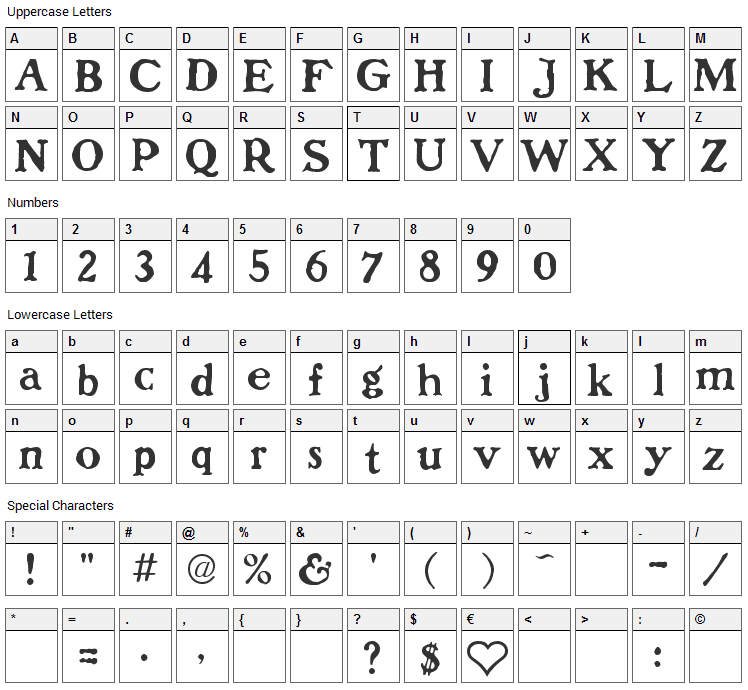 Dolenzo J Font Character Map