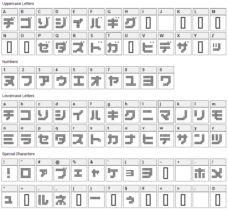 Dot Kana Font Character Map