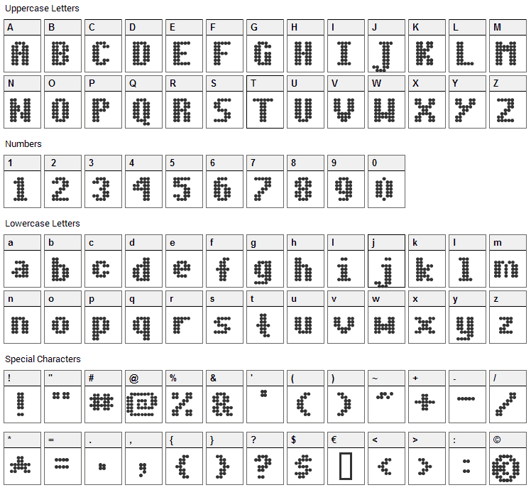 Dot Matrix Bold Font Character Map