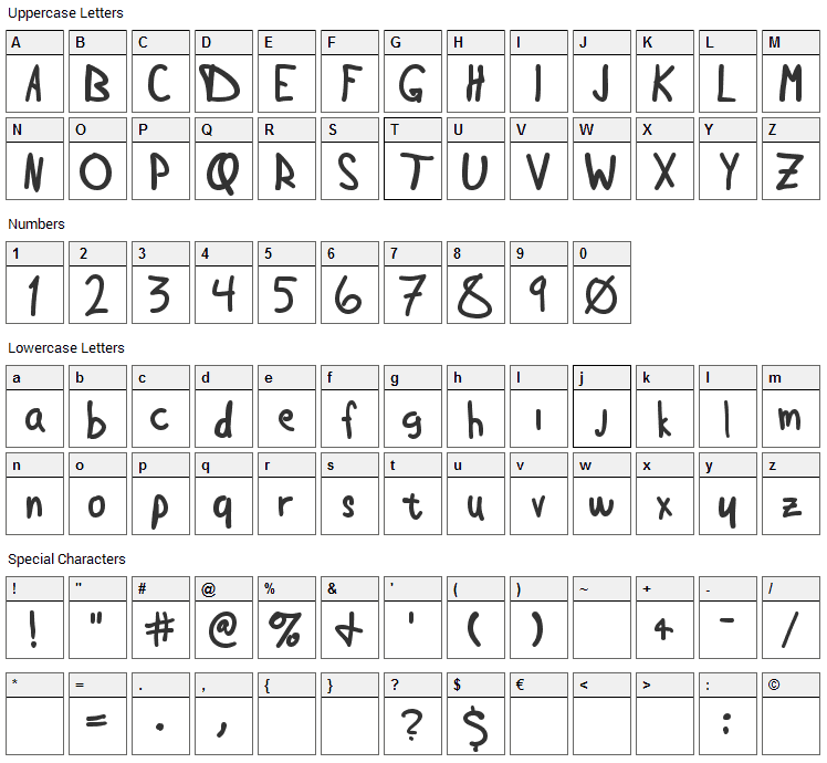 Douglas Hand Font Character Map