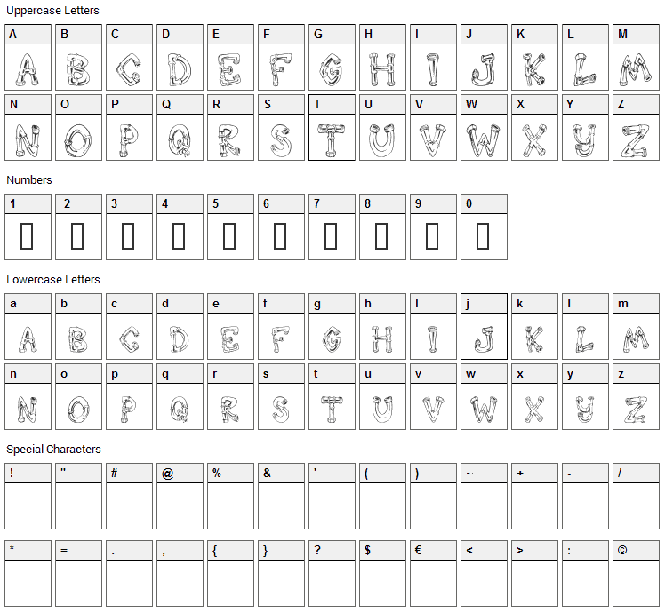 Down the Drain Font Character Map