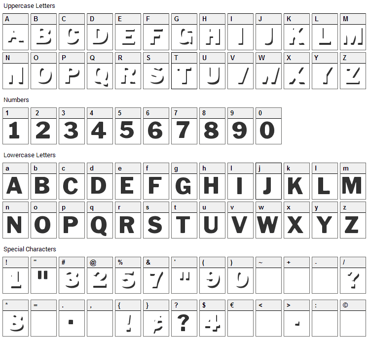 Down Town Auto Font Character Map