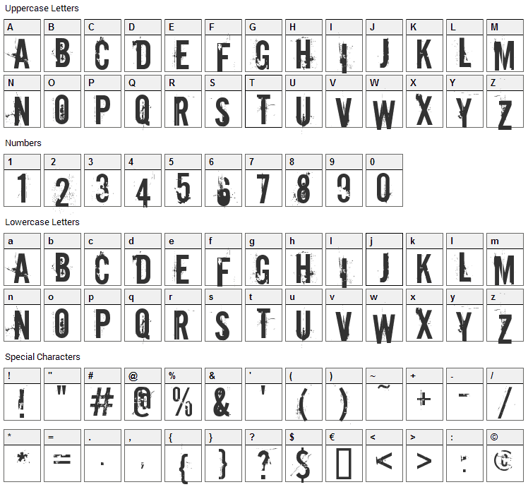 Downcome Font Character Map