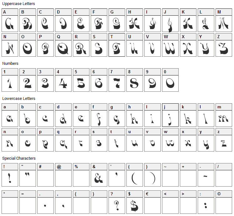 DownWind Font Character Map