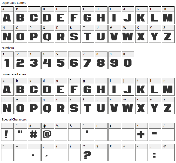 Dozer Font Character Map